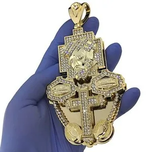 Authentic Huge 3D Jesus Piece Combo Pendant Cross Last Supper Flooded Out CZ Gold Plated
