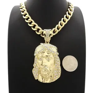 Authentic Gold plated Large Jesus Head Cubic Zirconia Iced Pendant & Cuban Chain Necklace