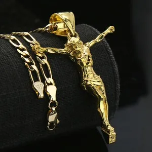 Authentic Jesus Crucifix 14k Gold Plated Pendant 24" Figaro Necklace Choker Chain