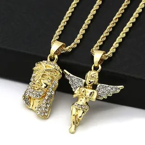 Authentic Men 14k Gold Plated Jesus & Angel Cubic-Zirconia 30" & 24" Rope chain 07