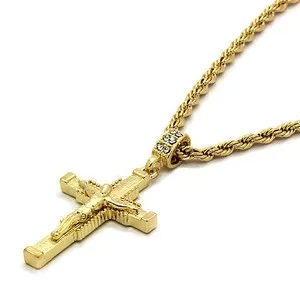 Authentic Mens 14k Gold Plated Jesus Hanged Cross Pendant Cubic-Zirconia 24" Rope Chain
