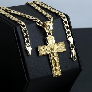 Authentic INRI Jesus Cross Charm Pendant 14k Gold Plated 5mm 20" Cuban Choker Chain