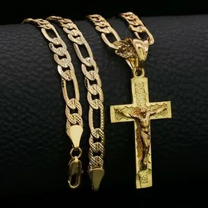 Authentic Hip Hop Jesus Cross (s-3) Pendant Solid Gold Plated 24" Figaro Chain Necklace