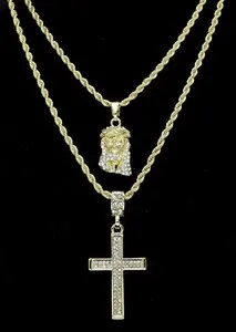 Authentic 14k Gold Plated 2 pc Jesus & Cross 20" 24" Rope Chain Set Icy Cubic Zirconia