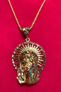 Authentic 14KT GOLD PLATED 2.5" JESUS FACE W/ HALO+18" GOLD PLATED 2.5mm ROPE CHAIN-4822