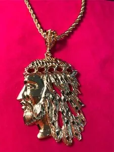Authentic 14 KT GOLD PLATED OVER 4 INCHES HIGH JESUS FACE CHARM & 20" 4MM ROPE-8502