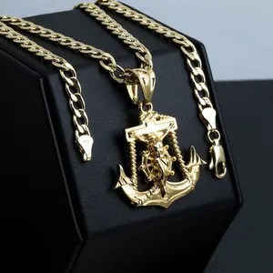 Authentic Jesus Anchor Charm Pendant 14k Gold Plated 5mm 20" Cuban Choker Chain 03