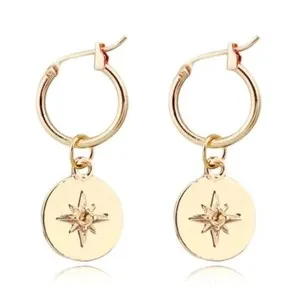 Authentic Gold Plated Disc Coin Star Drop Dangle Hoop Round Medallion Earrings E40
