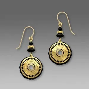 Authentic Adajio Earrings Black Disc Shiny Gold Plated Etched Circle Overlay Handmade USA