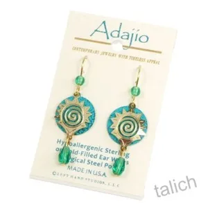 Authentic Adajio Earrings Shiny Gold Plated Starburst Design Over Teal Green Disc & Bead