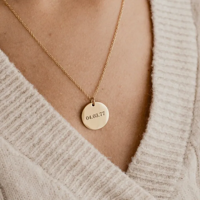 Authentic Custom Engraved Name Necklace Date Round Disc Coin Pendant Personalized Text Chain Choker For Women Girlfriend