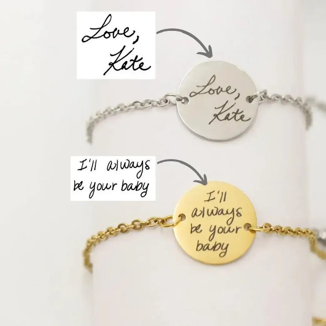 Authentic Custom Your Handwriting Engrave Disc Bracelet Signature Personalized Round Coin Pendant Children's Drawing Memorial