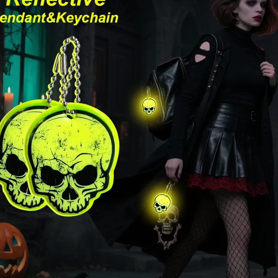 Authentic Funny Skull Reflective Pendant Creative Night Reflective Decoration Key Chain Backpack Accessory, Halloween Small