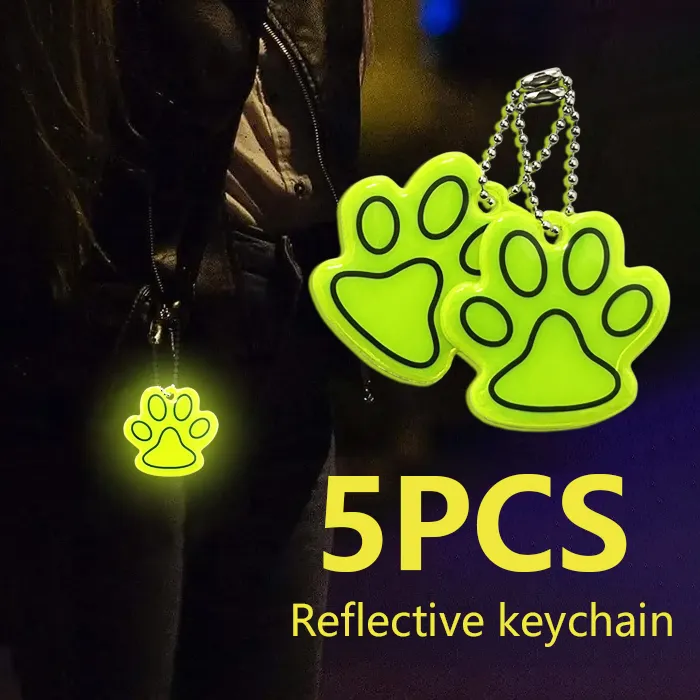 Authentic 5PCS Fluorescent Green Night Reflective Pendant Cute Cat Paw Shaped Keychain Pendant Small