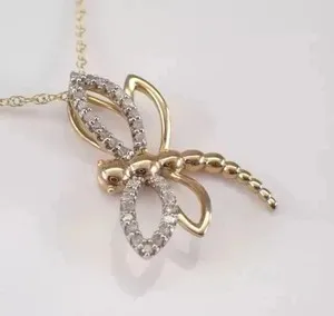 Authentic 0.50Ct Round Cut Real Moissanite Dragonfly Pendant In 14K Yellow Gold Plated