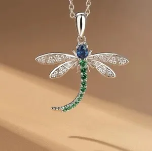 Authentic 2Ct Round Lab Created Emerald Sapphire Dragonfly Pendant 14K White Gold Plated