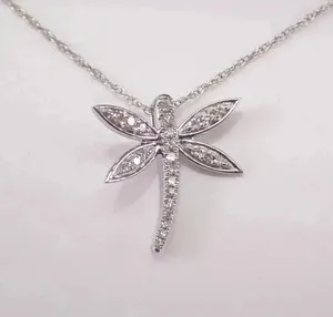 Authentic 0.50Ct Round Cut Tester Pass Moissanite Dragonfly Pendant 14K White Gold Plated