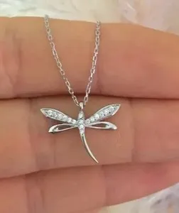Authentic 1 Ct Real Moissanite 14K White Gold Plated Dragonfly Beauty Pendant Necklaces