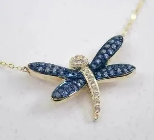 Authentic Dragonfly of Serenity: 2Ct Round Cut Blue Sapphire, 14K Yellow Gold Plated Pendant