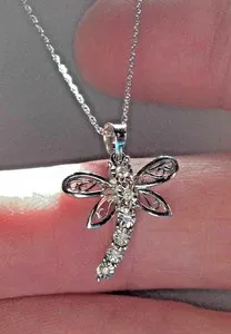 Authentic Women's Dragonfly Pendant 1.50Ct Round Cut Real Moissanite 14K White Gold Plated