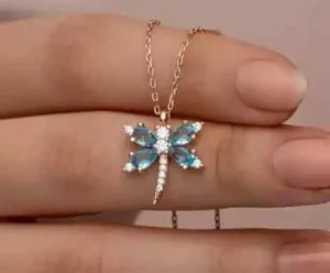 Authentic 3.50Ct Lab-Created Blue Topaz Dragonfly Chain Pendant 14k Rose Gold Plated 18"