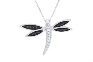 Authentic Dragonfly Diamond Accents Pendant 14K White Gold Plated Silver 18"