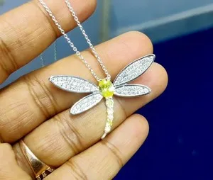 Authentic 2Ct Oval Cut Lab Created Citrine Dragonfly Women's Pendant 14k White Gold Plated