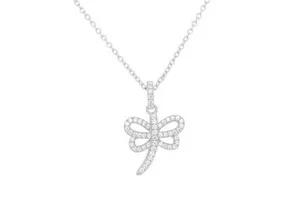 Authentic Round Simulated Diamond Dragonfly Pendant 14K White Gold Plated Silver