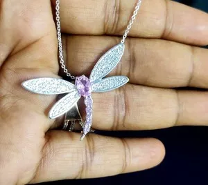 Authentic 2Ct Oval Lab Created Sapphire Dragonfly Women's Pendant 14k White Gold Plated