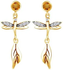 Authentic Simulated Citrine & Simulated Diamond Dragonfly Drop Earrings 14K Gold Plated