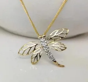 Authentic Pretty Dragonfly Pendant Round Lab Created Diamond In 14K Yellow Gold Plated