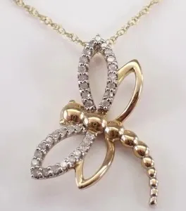 Authentic Dragonfly Pendant 14K Two-Tone Gold Plated 1Ct Round Cut Certified Moissanite