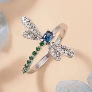 Authentic 2Ct Lab-Created Green Emerald Women's Dragonfly Shape Ring 14K White Gold Plated