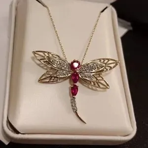 Authentic 14K Yellow Gold Plated Pear Cut Lab Created Pink Ruby Women's Dragonfly Pendant