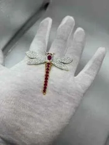 Authentic Lab Created Red Ruby 3.00Ct Oval Cut Dragonfly Brooch Pin 14K Yellow Gold Plated