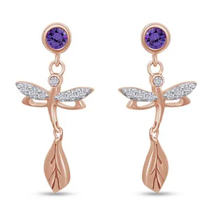 Authentic Dragonfly Drop Earrings Simulated Birthstone 14K Rose Gold Plated Silver