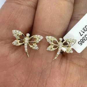 Authentic 1.2 Ct Round Moissanite Dragonfly Stud Womens Earrings 14K Yellow Gold Plated