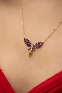 Authentic 2.00Ct Round Cut Lab Created Ruby Dragonfly Pendant In 14K Two-Tone Gold Plated