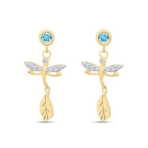 Authentic Simulated Aquamarine & Simulated Diamond Dragonfly Drop Earrings 14K Gold Plated