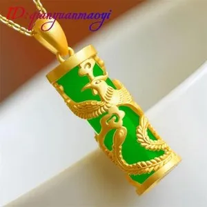 Authentic Natural Jade Dragon Phoenix Pendant Necklace 18K Gold Plated Real Jewelry