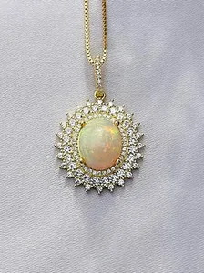 Authentic 14K Yellow Gold Plated Genuine Cabochon Opal Moissanite Women's Halo Pendant 18"