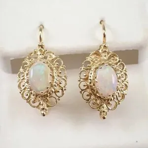 Authentic Natural Fire Opal 3Ct Oval Cut Vintage Dangle Earrings 14K Yellow Gold Plated