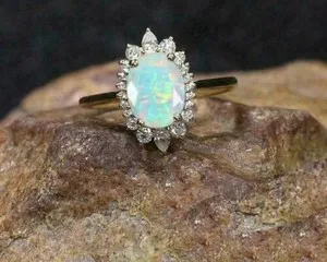 Authentic Natural Fire Opal 4Ct Oval Cut Halo Engagement Ring 14K White Gold Plated Silver