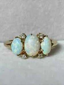Authentic 3Ct Oval Cut Fire Opal Three-Stone Engagement Ring 14K Yellow Gold Plated