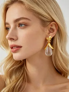 Authentic Green Opal Teardrop Floral Dangle Earrings 18K Gold Plated For Ladies