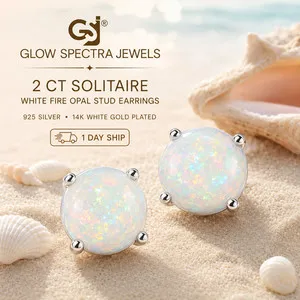 Authentic 2CT Solitaire Lab Created Fir Opal Stud Erring 925 Silver 14k White Gold Plated