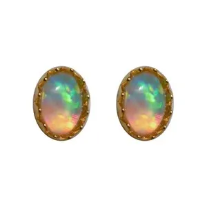 Authentic Solid S925 Silver Gold Plated Iridescent Opal Stud Earrings,Vintage Oil Painting