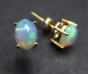 Authentic Ethiopian Opal Ocal Cabochon Stud Earrings 925 Sterling Silver Gold Plated