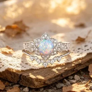 Authentic Natural Round Opal Art Deco 14k White Gold Plated 925 Silver Engagement Ring Set