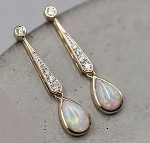Authentic 3Ct Pear Simulated Fire Opal Drop & Dangle Earrings 14K Yellow Gold Plated